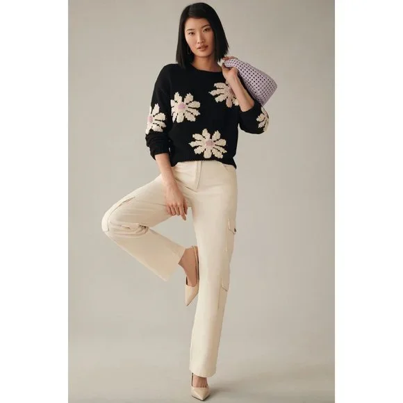 Anthropologie Essentiel Antwerp Dahlia Floral Knit Sweater In Black Motif Size X